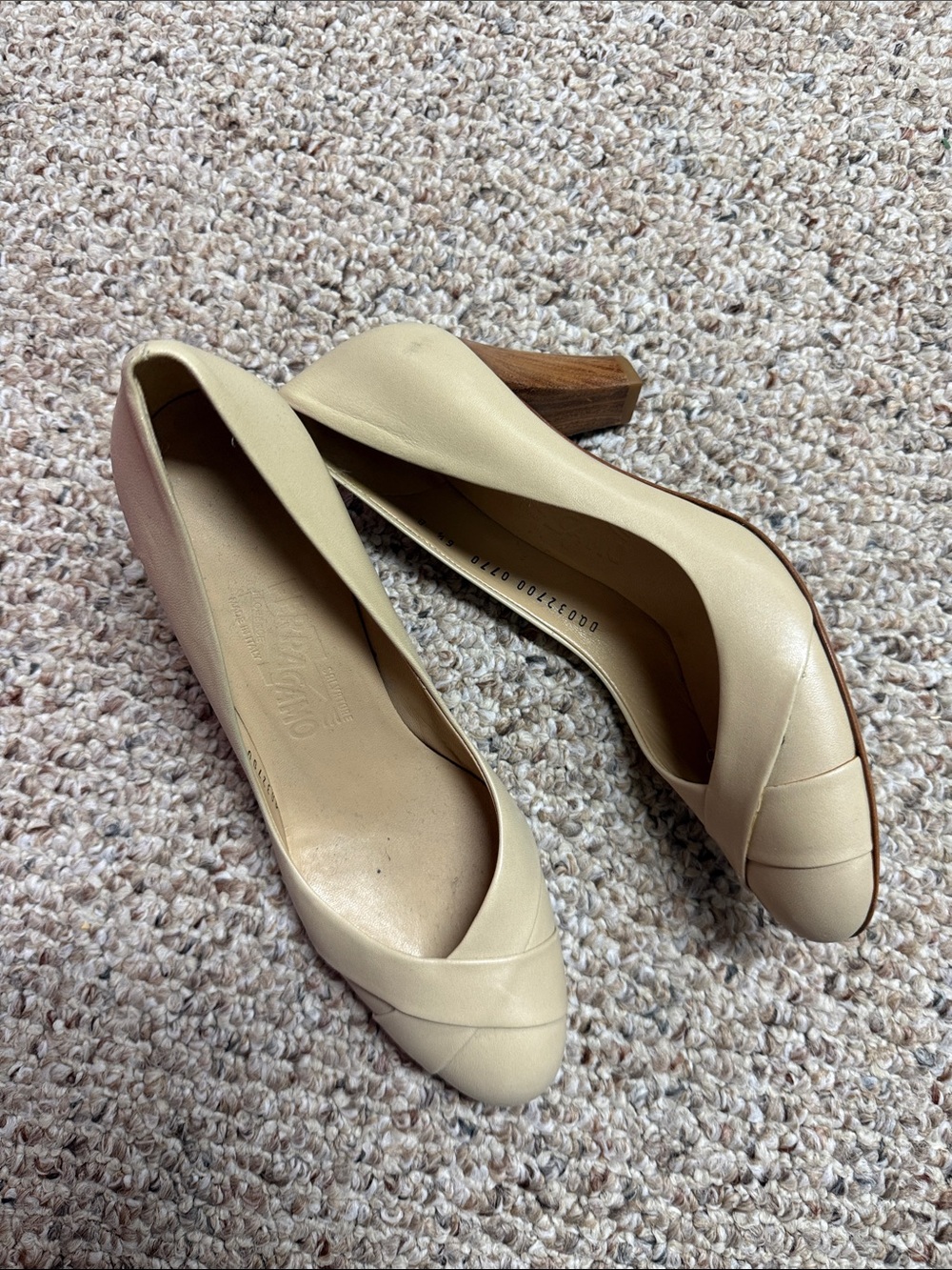 Salvatore Ferragamo Slip On Leather Ecru Heels. Size 6.5